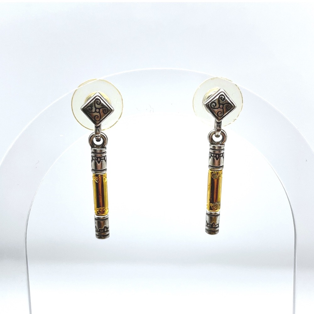 Mixed Metal Two Tone Silver Gold‎ Scrollwork Filigree Cylinder Drop Earrings